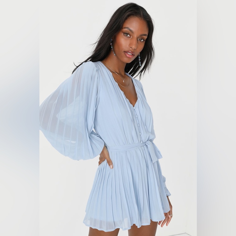 Lulu’s Lovely Disposition Light Blue Pleated Long Sleeve Romper